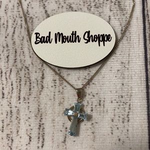 Vintage Blue Gemstone Sterling Silver Cross Religious Christian Necklace